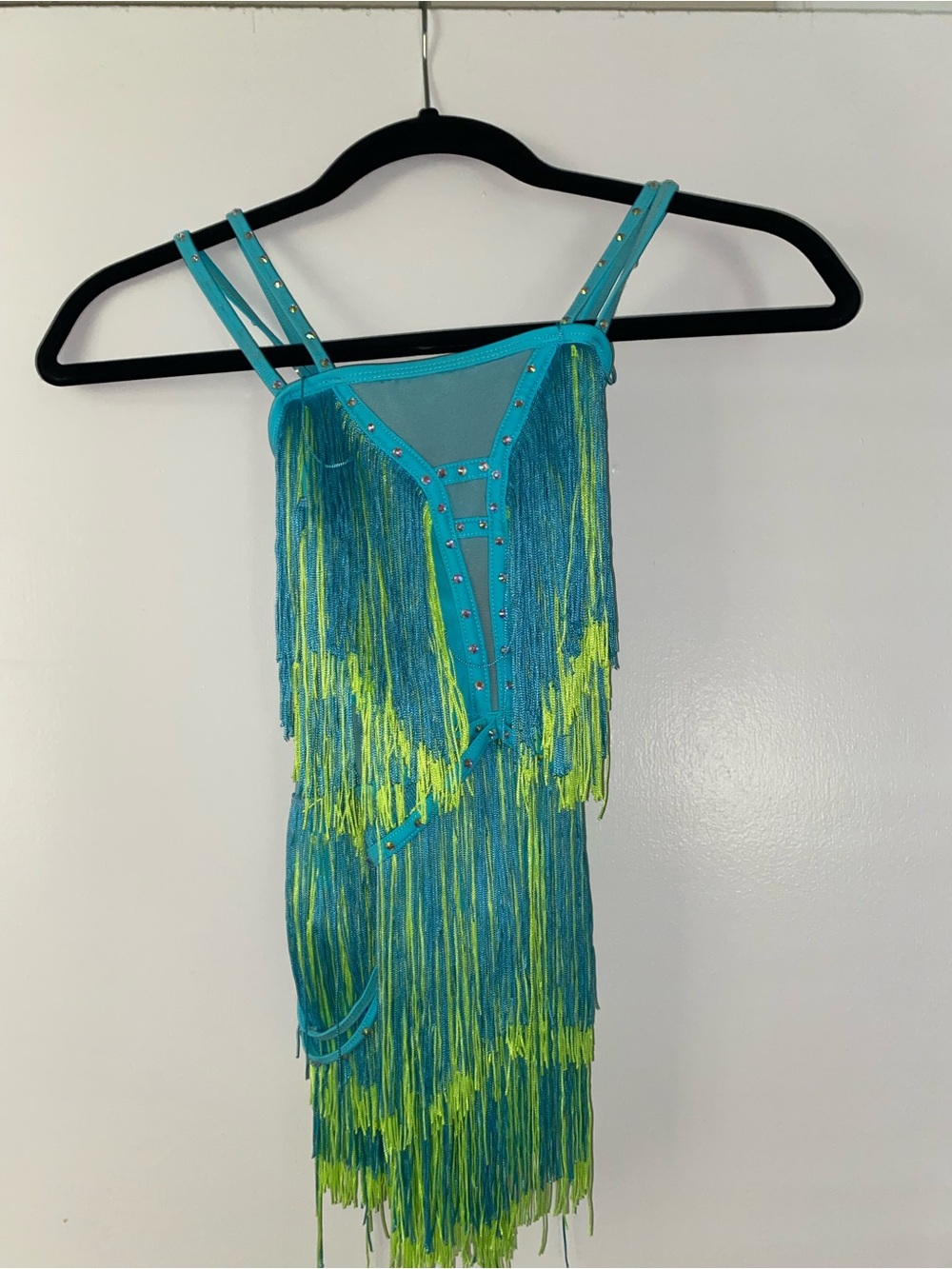 Kids Teal and Neon Green Fringe Dance Costume - Child